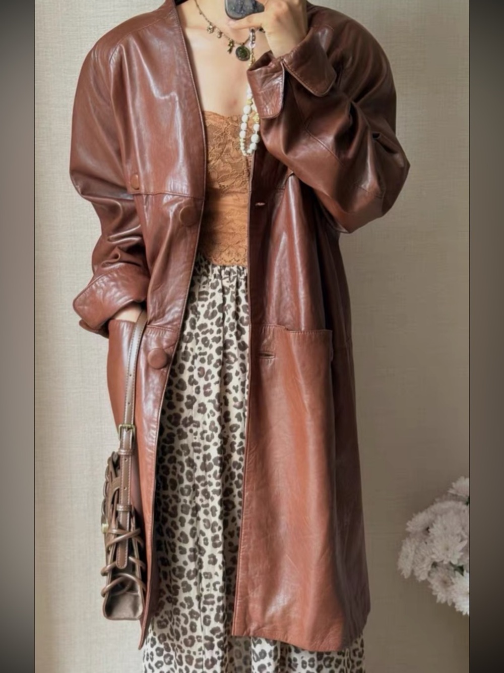 Vintage Brown Leather Long Coat